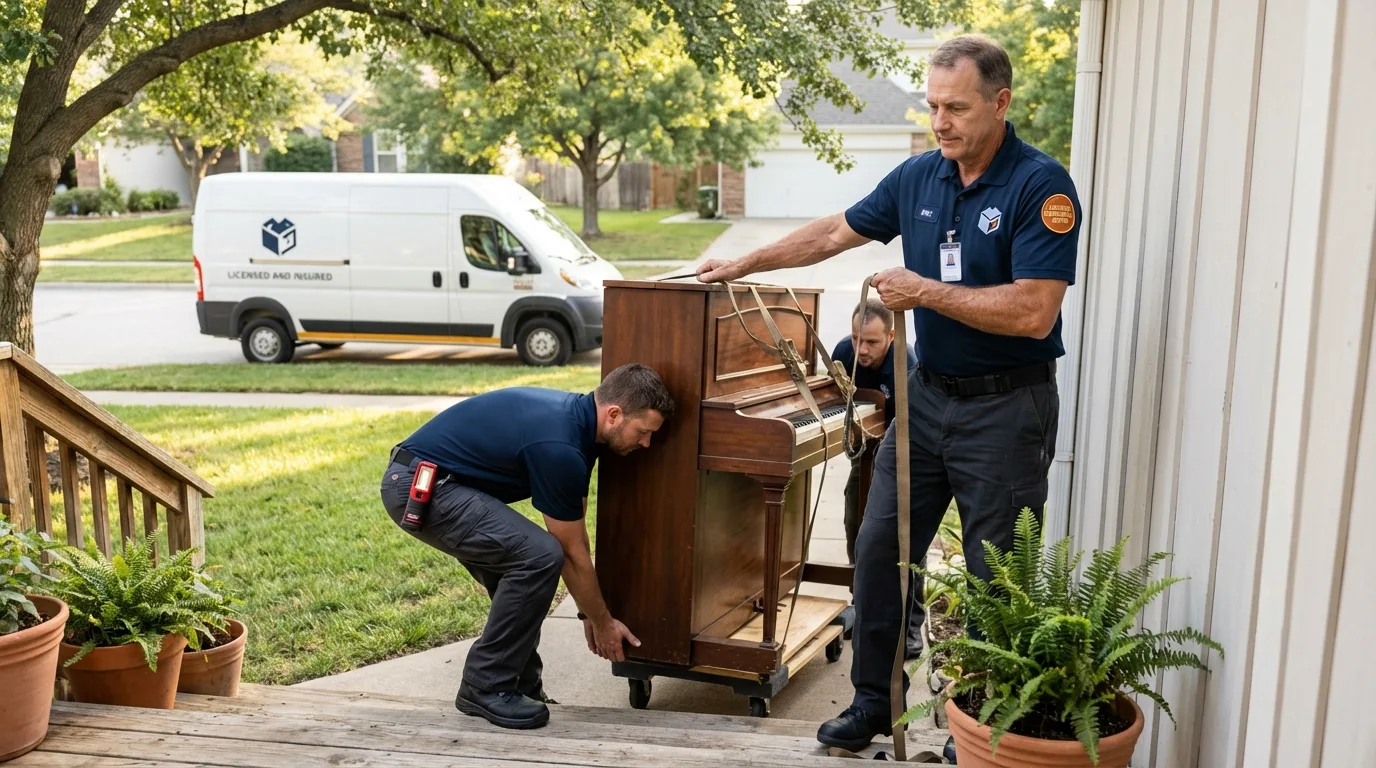 Licensed piano movers securing grand piano in Woodbridge, VA