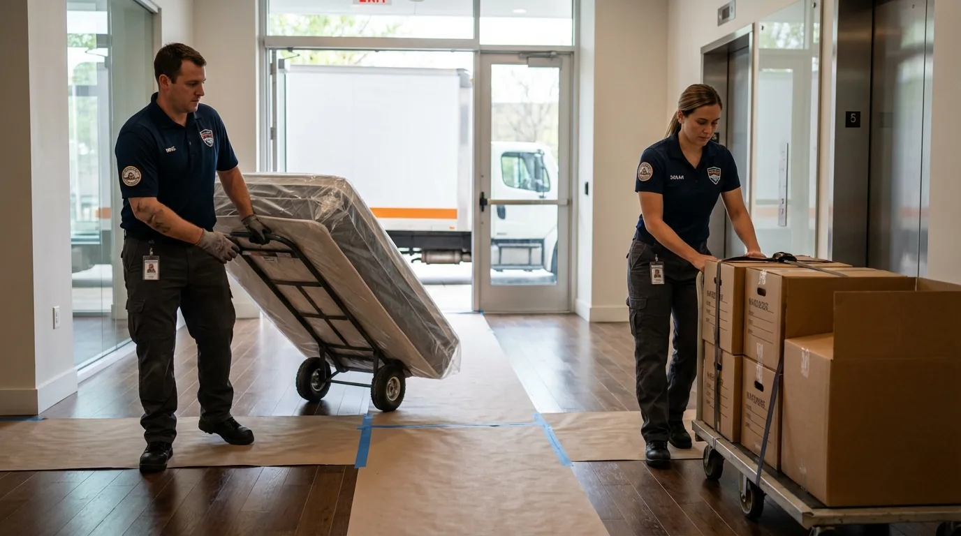 Professional apartment movers loading elevator in Woodbridge, VA